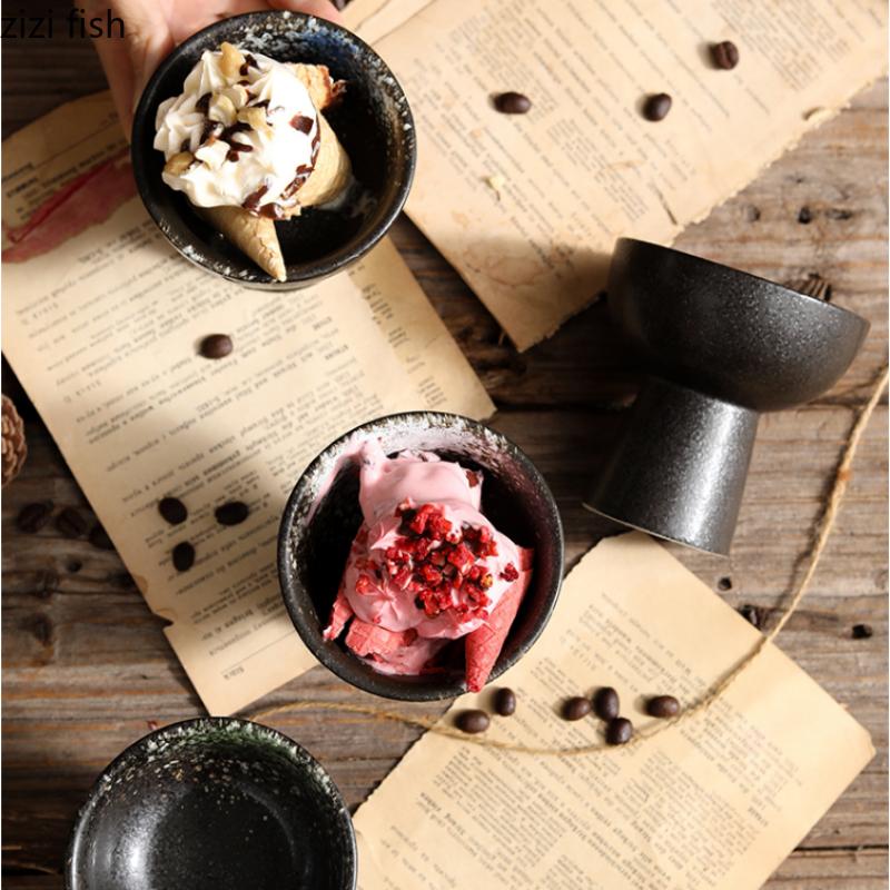 Hohe Keramikschale auf Fuß, Dessert-Eisbecher, Obstsalat-Suppen-Servierschale für Haushaltsgeschirr
