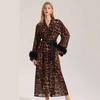 Sexy Leopard Print Sleepwear Robe Long Sleeve Pearl Sheer Chiffon Nightgown Pajama Loungewea for Women