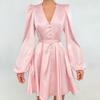 Spring European and American French Temperament V-neck Lantern Sleeve Dress Women's Satin Satin Slim A-shaped Skirt Long-sleeved Short Skirt