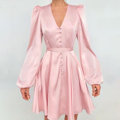 Spring European and American French Temperament V-neck Lantern Sleeve Dress Women's Satin Satin Slim A-shaped Skirt Long-sleeved Short Skirt