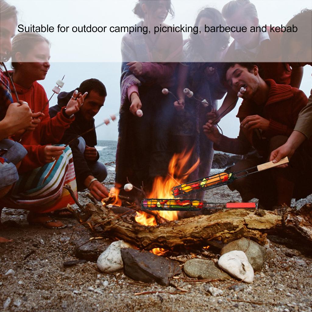 Kabob Grilling Baskets Lockable Iron Kebab Grill Grate with Wooden Handle for Grilling Vegetables Hot Dog Meat