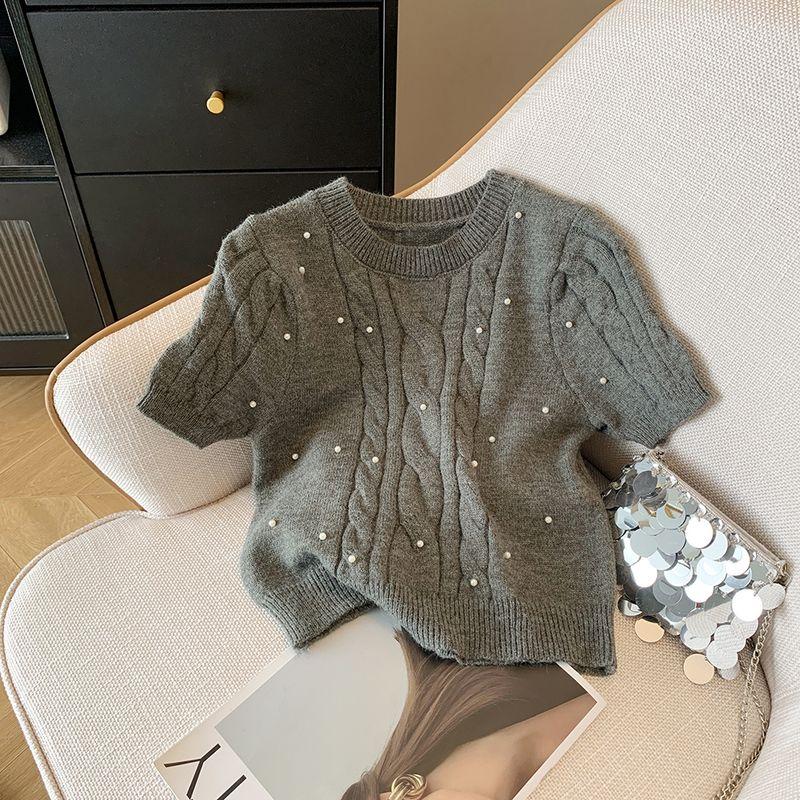 New Arrival Women's Gentle Temperament Crew Neck Pearl Embellished Loose Easiest for Match Short Sleeve Cable-Knit Sweater Sweater T-shirt