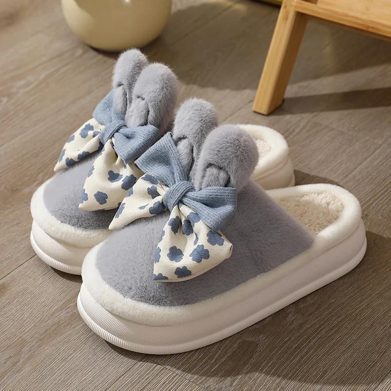Women Winter Warm Indoor Bows Cotton Slippers Female Indoor Fluffy Cotton Shoes New Couple Plush Comfort Soft Sole House Slides