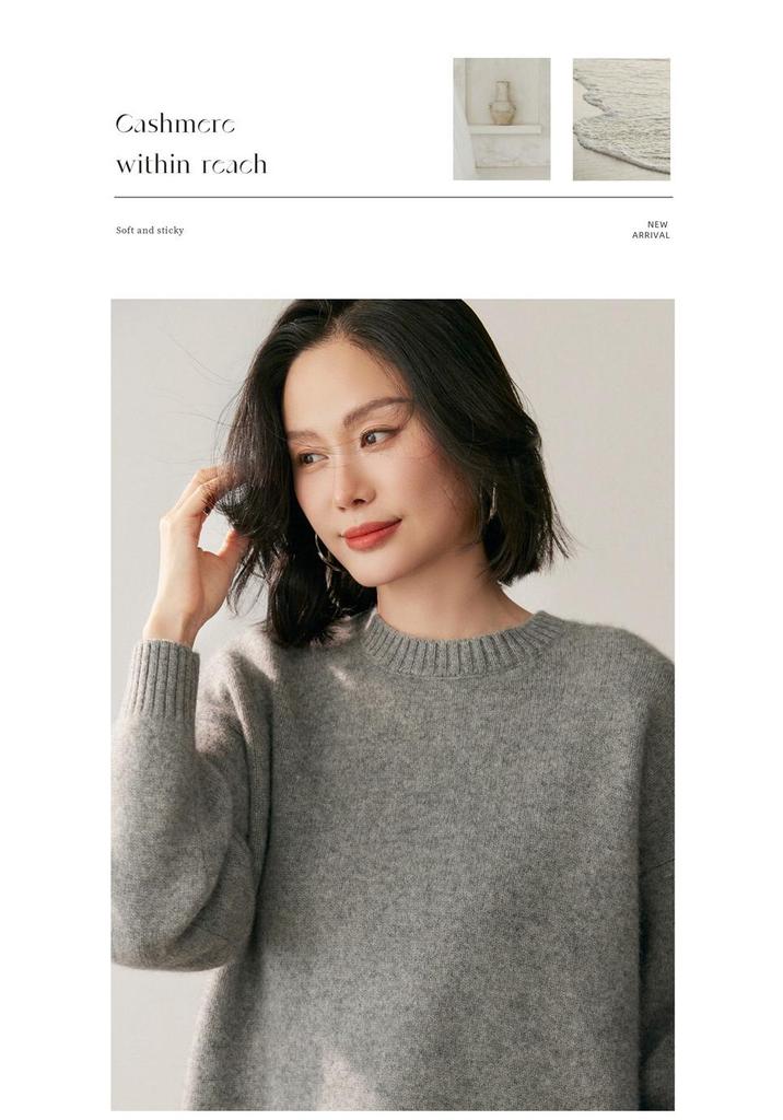 Autumn Winter Cashmere Knit Base Layer: Pure Color Round Neck, Loose Silhouette, Slimming, Soft & Smooth.