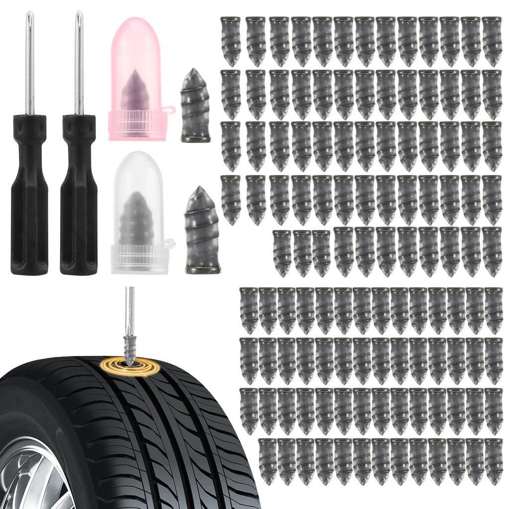 120PCS Tire Repair Rubber Nail Reliable Tire Plug Kit with 2 Screwdriver Screw Type Tyre Repair Nail Kit for Car Motorcycle