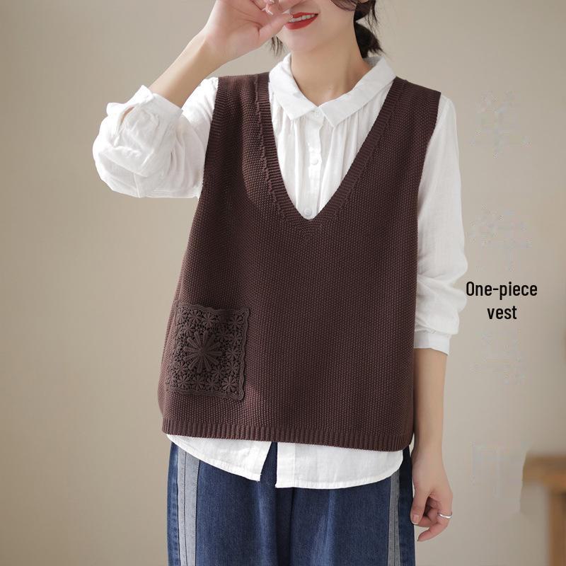 "Spring 2024 Women's Knitted Sleeveless Lace-Trim Vest – Solid Color Casual Top"