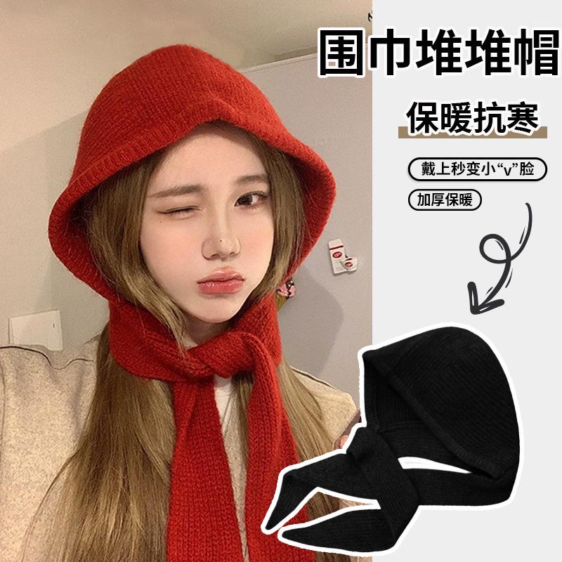Internet celebrity knitted Little Red Riding Hood warm thickened hat scarf integrated cold wool hat female balaclava hat