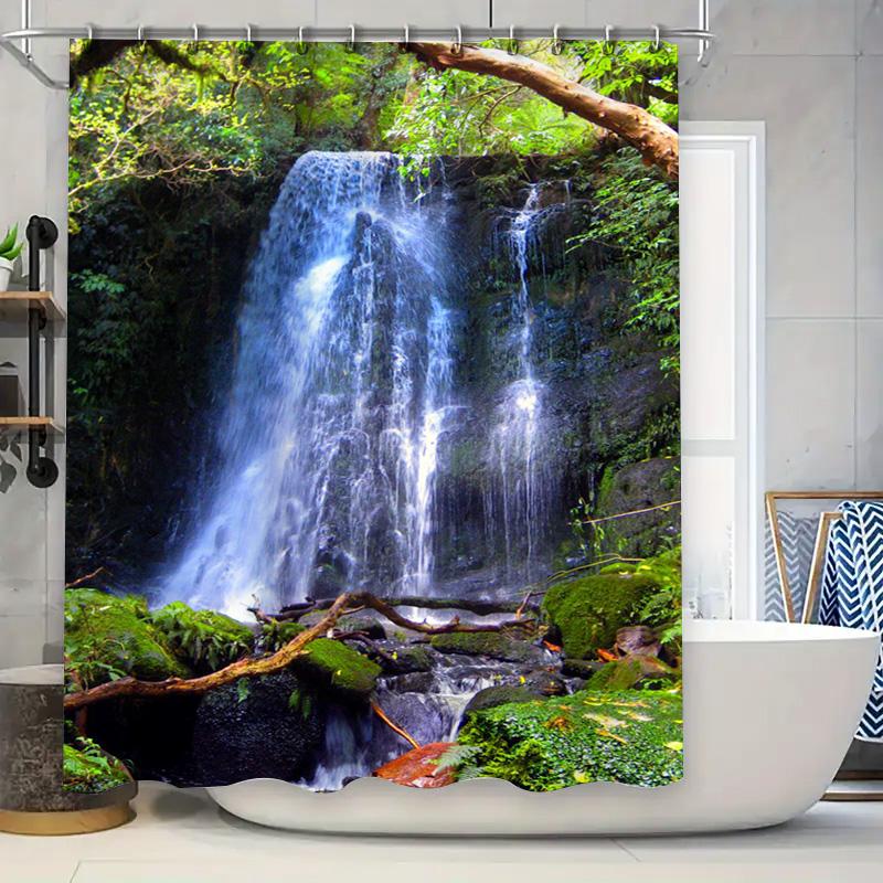 

Waterfall Shower Curtain Nature Print for Bathroom Decor High-Quality Waterproof Fabric 3D Waterfall Design Bath Mat Set Easy In 90x180cm