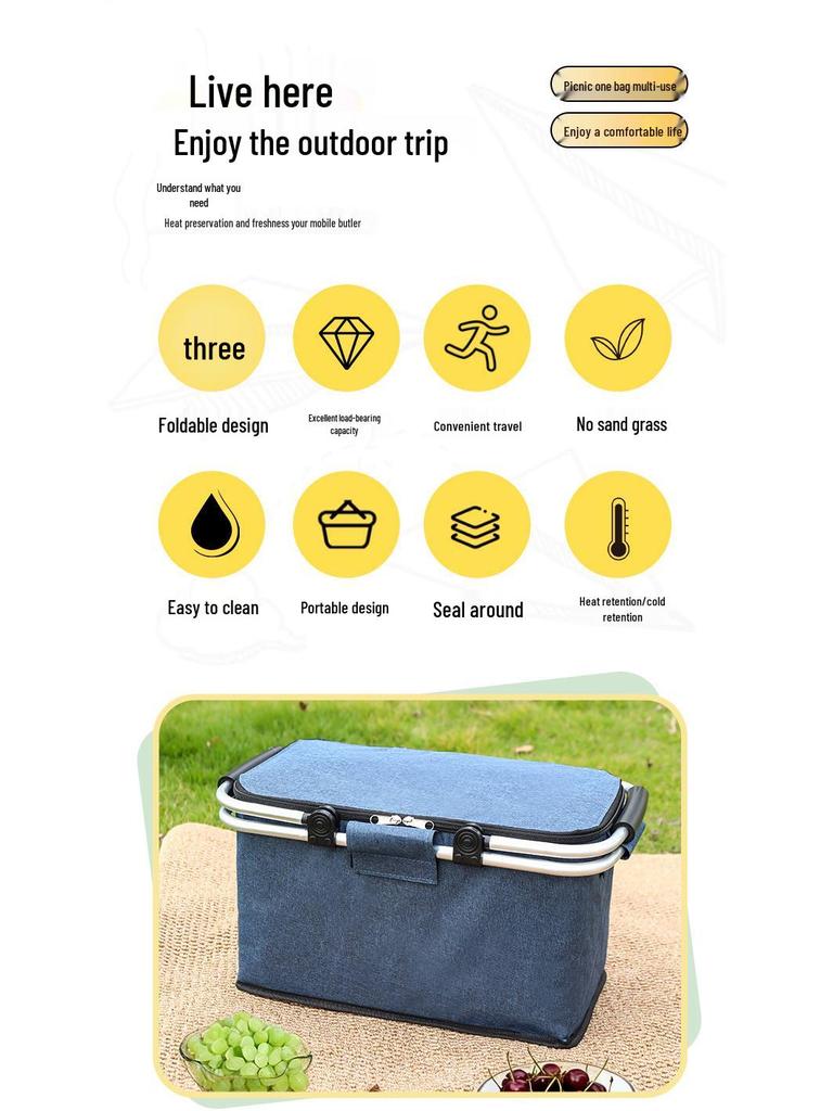 Katlanabilir Dış Mekan Yalıtımlı Piknik Sepeti - Tazeliği Koruyan Alüminyum Saplı Su Geçirmez Oxford Kumaş