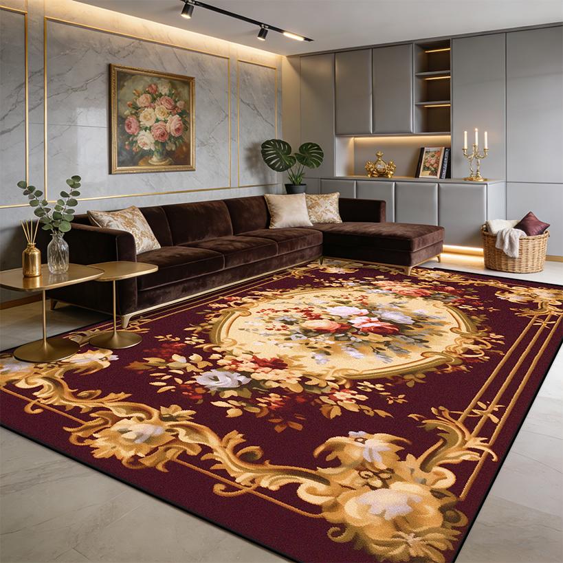 European Luxury Red Flower Fluffy Living Room Rug Easy Clean Soft Retro Tasting Area Carpet Large Area Non-slip Sofa Floor Mats