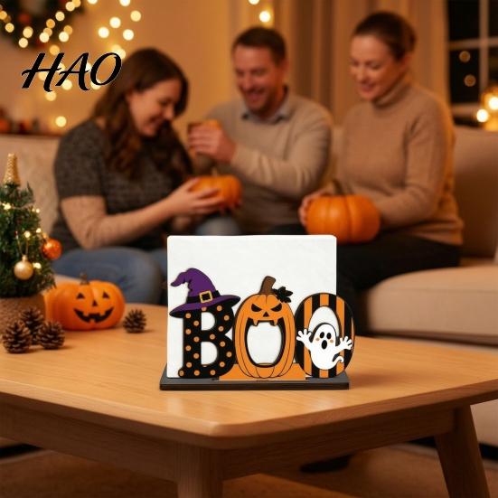 Indoor Halloween Ornaments Wooden BOO Napkin Holder, Cartoon Ghost Pumpkin Witch Hat Paper Towel Window Display Ornament Wood Table Centerpiece