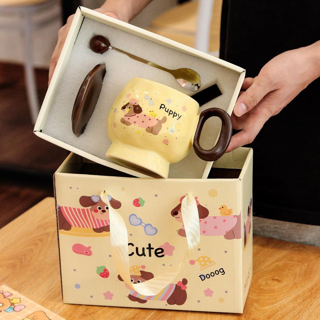 Dachshund Water Cup High Appearance Level  Large Capacity Mug Ceramic Cup  Covered Spoon  Breakfast Cup  Souvenir Gift Box