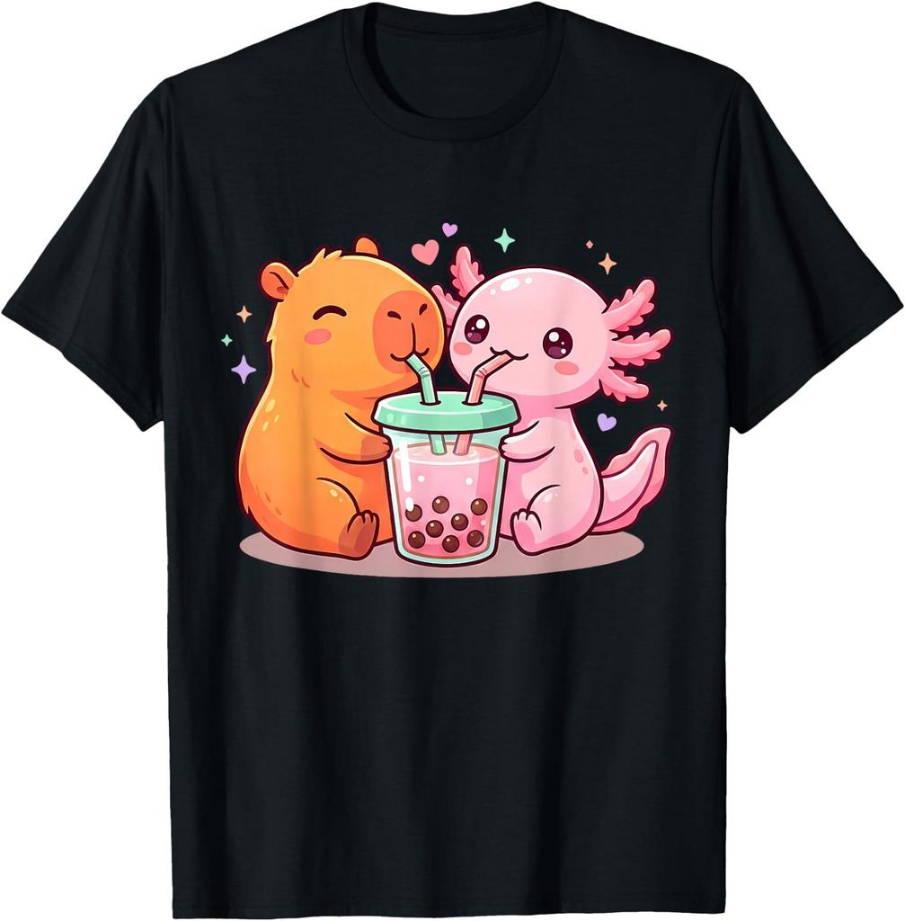 Cute Capybara and Axolotl Bubble Tea Boba Kawaii Anime T-Shirt