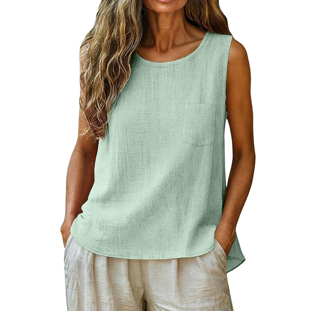 Women's Fashionable Casual Round-Neck Sleeveless Top: Plain-Coloured Cotton-Linen T-Shirt With Pockets