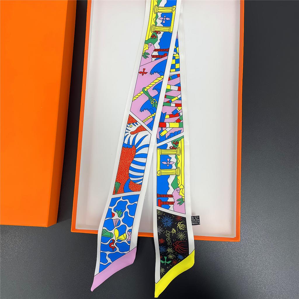 2024 Markendesign Karomuster Seidenschal Luxusschal Damen Foulard Schmaler Taschenschal Halstuch für Damen Mode Haar Stirnband