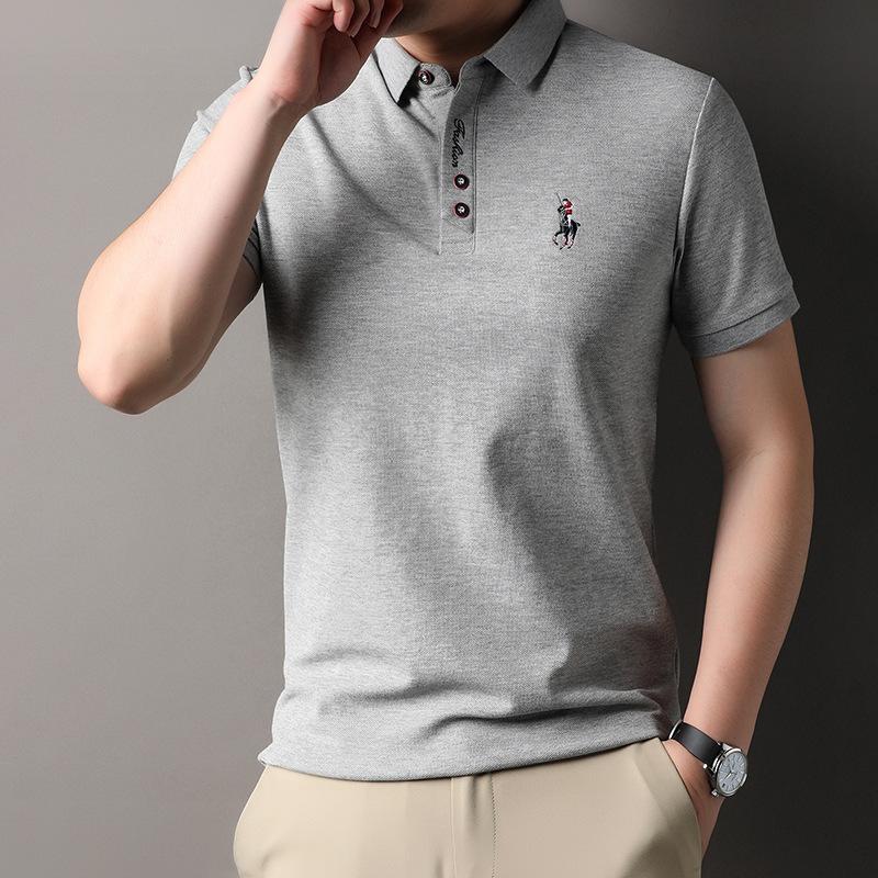 Polo cu mânecă scurtă casual, ușor și matur pentru bărbați, cu broderie, culoare uni, cu guler, brodat la bază