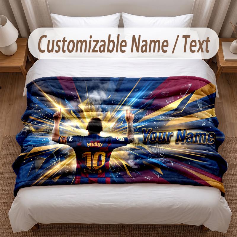 Lionel Messi Printed Flannel Blanket Custom Name Text Soft Warm Throw For Bedroom Holiday Gift