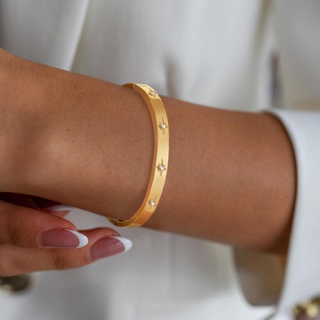 Offenes Verstellbares Stern Sternenstrahl Manschettenarmband für Damen Edelstahl Zirkonia Einlage Charme Mehrschichtiger Schmuck