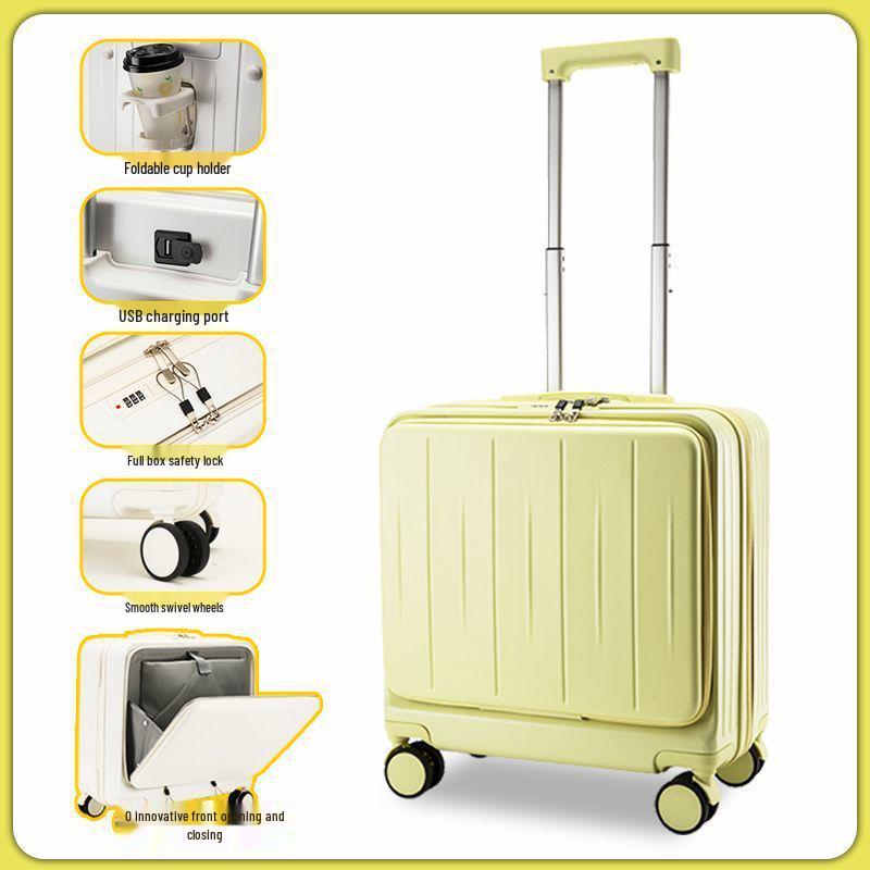 20-inch front-opening trolley case with PC material and password lock.