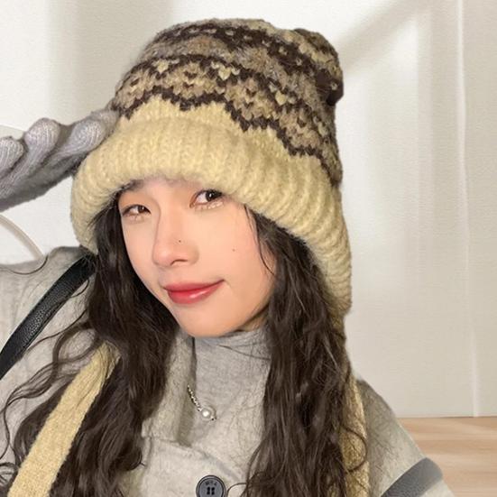 Chapéu Feminino Outono Inverno Gorro Quente Japonês Malha Chapéu Boné de Pelo À Prova de Vento Grosso Proteção de Orelhas Gravata Pulôver Gorro Bonnet