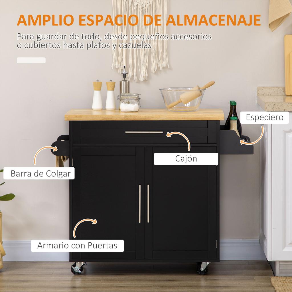 Kitchen Trolley, Cabinet with Doors, Drawer, Mobile Spice Rack, 109 x 40 x 89 cm, Black