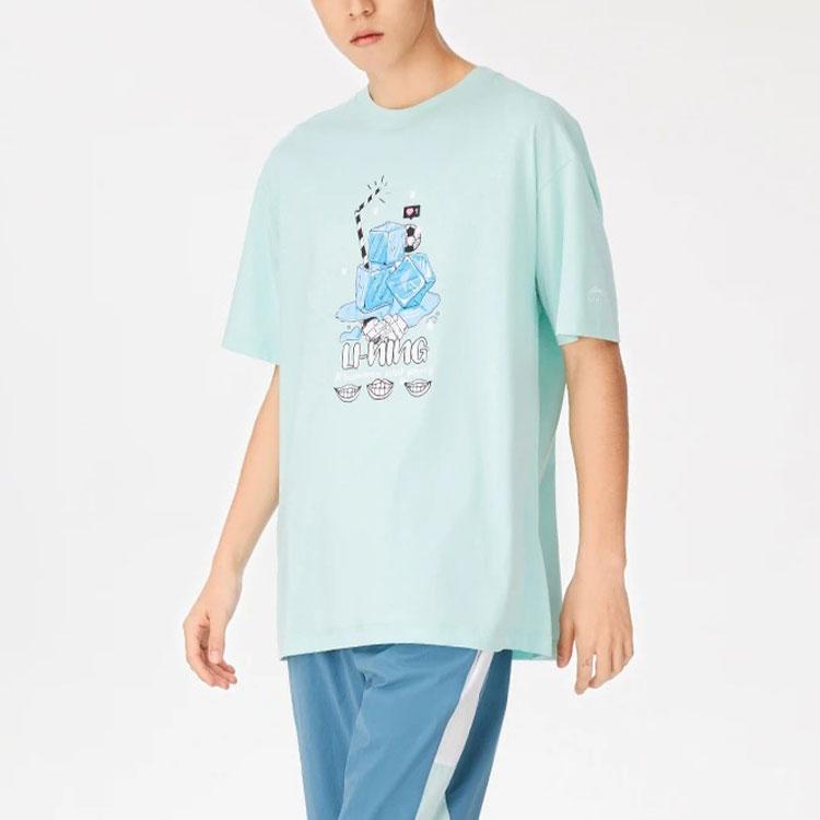 Li Ning Sports Lifestyle Series Element Print Round Neck Loose Short Sleeve T-Shirt Unisex Tops Eggshell-Blue AHSS327-8