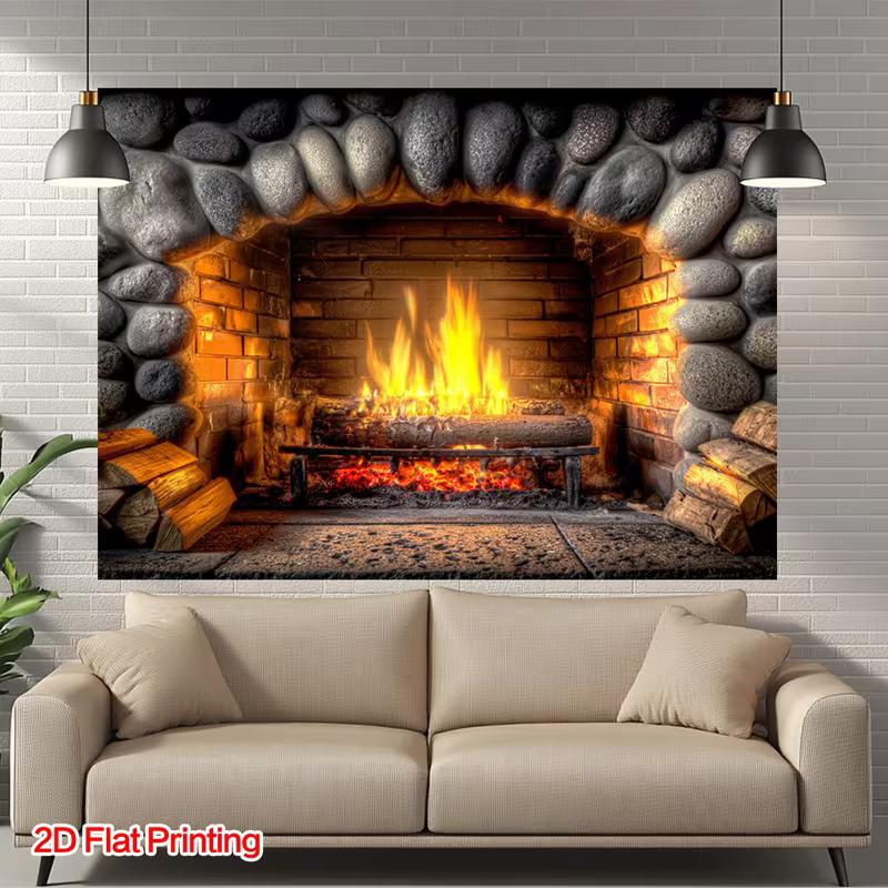 2D Realistisches Kaminbanner, Brennendes Holzfeuer im Ziegelkamin