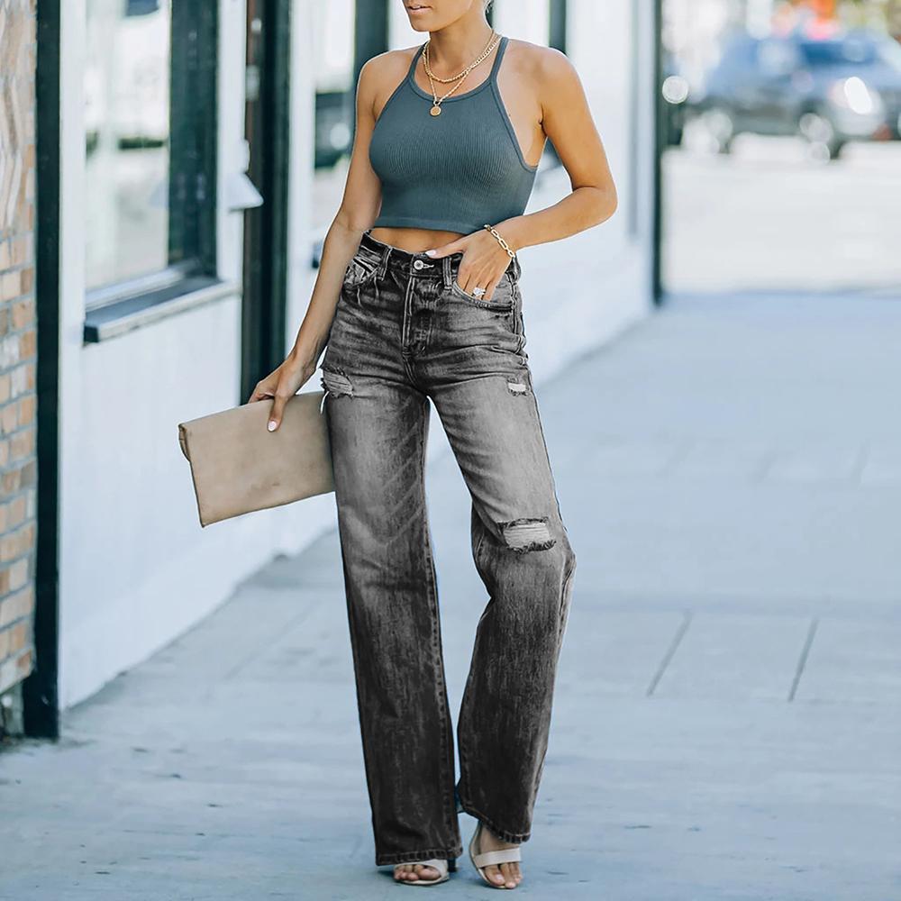 Herbst Damen Lässige Weitbeinige Hosen Mittelhoch Zerrissene Denimhose