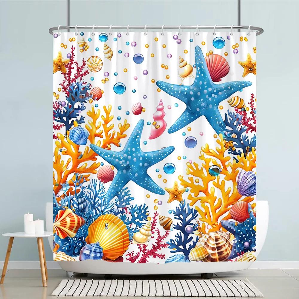 Ocean Starfish Shower Curtain Underwater Seahorse Coral Sea Turtle Shell Nautical Theme polyester Shower Curtains Bathroom Decor