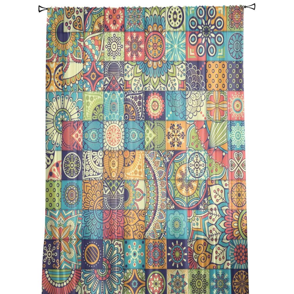 Mandala Bohemian Tiles Floral Soft Tulle Transparent Curtains for Living Room Decoration Window Panel Curtain for Bed Chamber Sheer Fabric Silk-like