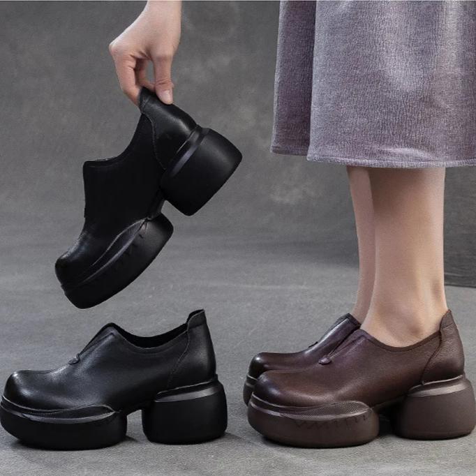 Johnature Retro Solid Color Thick Soled Pumps Genuine Leather Comfortable And Versatile Women's Slip-on Shoes
