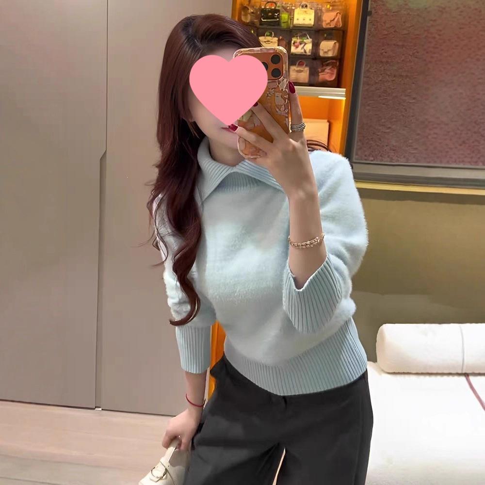 Women's Faux Mink Fur Knit Sweater: Soft, Fluffy Long Sleeve Lapel Pullover with Waist-cinching, Perfect for Autumn and Winter Commutes.