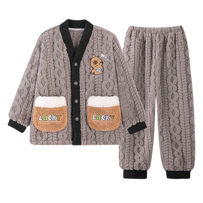 Boys Warm Coral Fleece Pajamas Set Long Sleeve Thickened Home Wear Kids Ages 8 Winter Sleepwear
