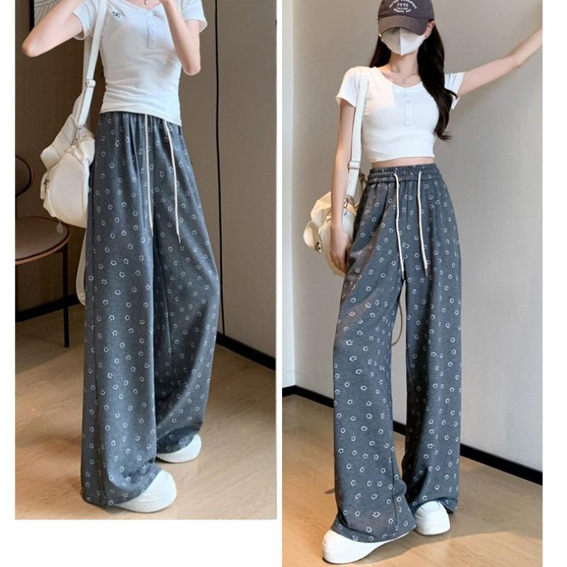 Retro Smiley Face Print Lazy Style Wide-leg Pants Women's Spring and Autumn Loose and Thin High Waist Drape Casual Sports Pants