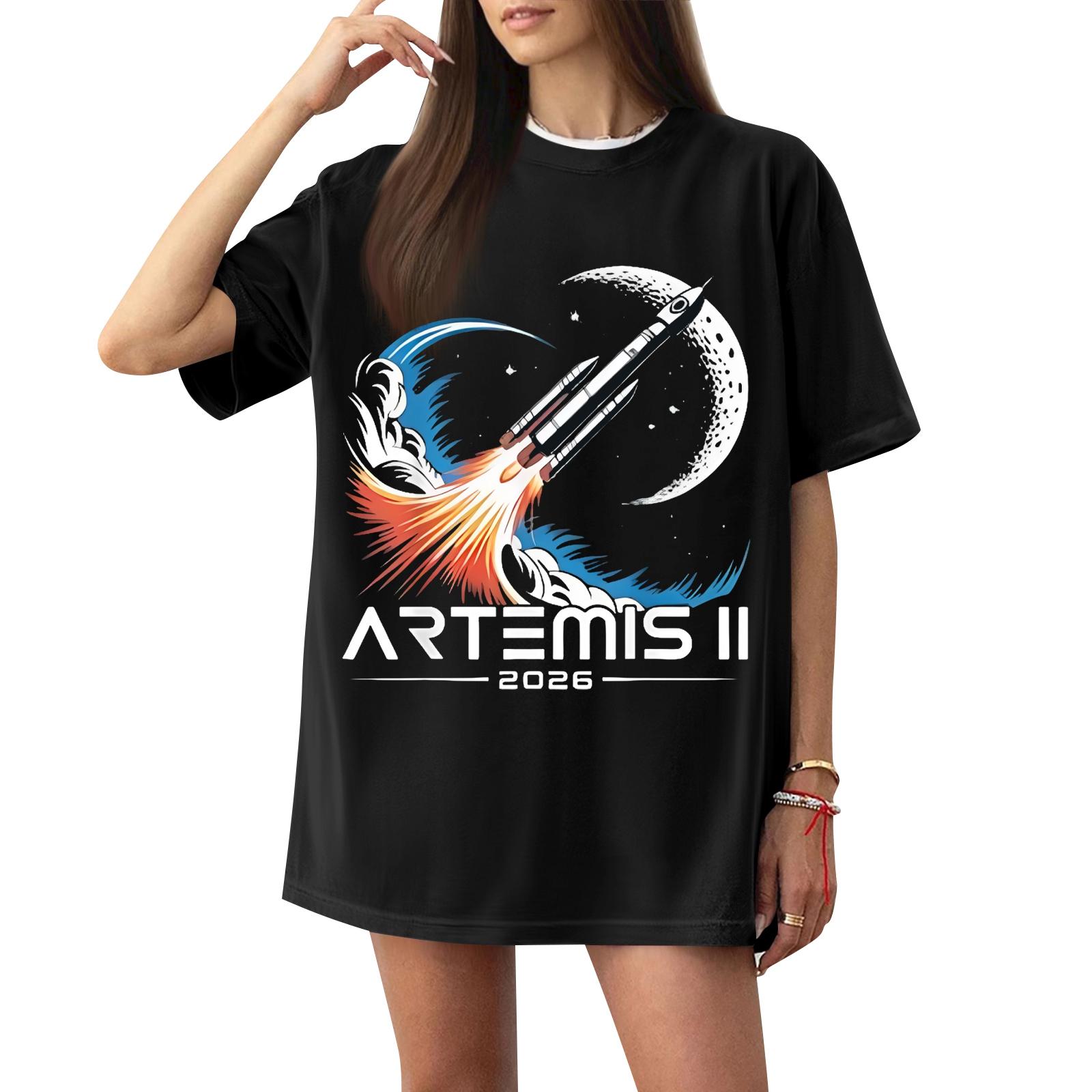 

Women s Casual Short Sleeve T-Shirt Loose Fit Crew Neck Graphic Print Space Rocket Design Lightweight Comfortable Fabric XXL чёрный