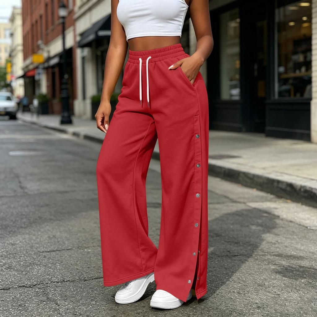 Women's Casual Color Wide Leg Pants with Side Buttons Loose Fit Trousers for Everyday Wear