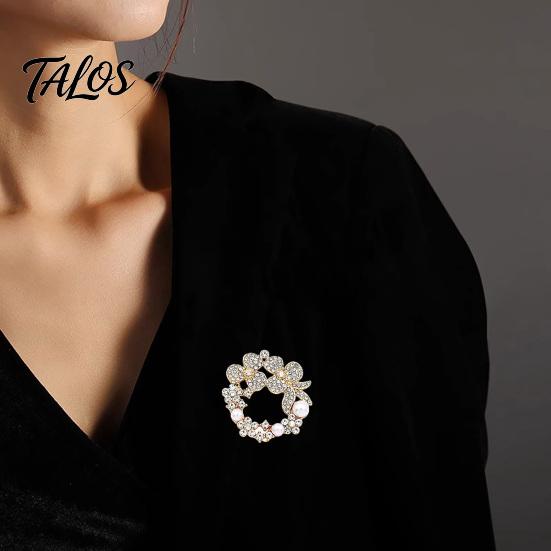 Retro Jewelry Pin Vintage Rhinestone Wreath Brooch, Flower Garland Lapel with Faux Casual Wear Brooch Pearls, Women Clothing Accessory for Dress Coats