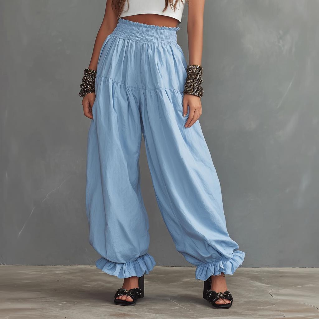 Women's Casual Lantern Pants High Waist Wide Leg Ruffle Hem Loose Fit Long Trousers Summer Lightweight Comfortable Design