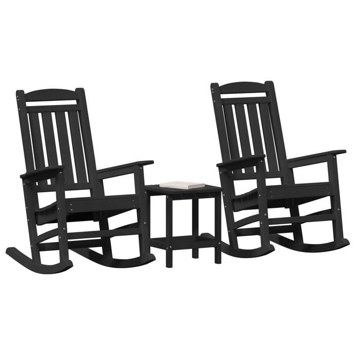 VidaXL Ensemble de Salon de Jardin 3 Pièces HDPE 2 Chaises Berçantes Noires Avec Table Sièges d'Extérieur Pour Se Détendre 3335816