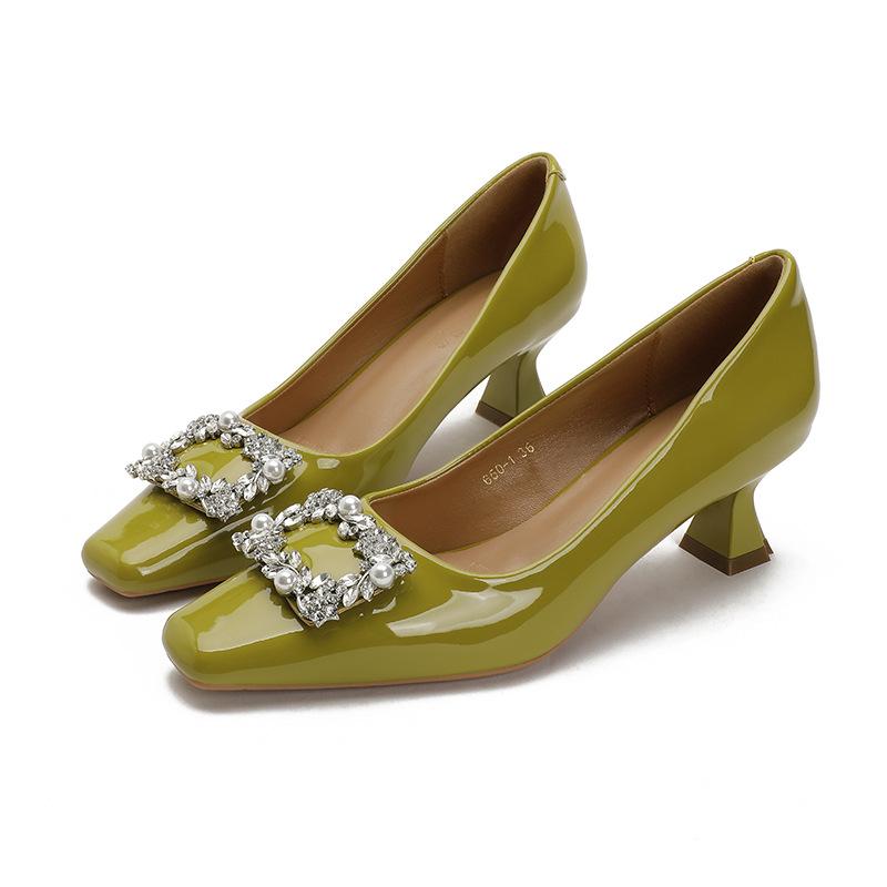 French single shoes women's medium heel 2025 new spring and autumn small high heel square head shoes women's rhinestone square buckle high heel
