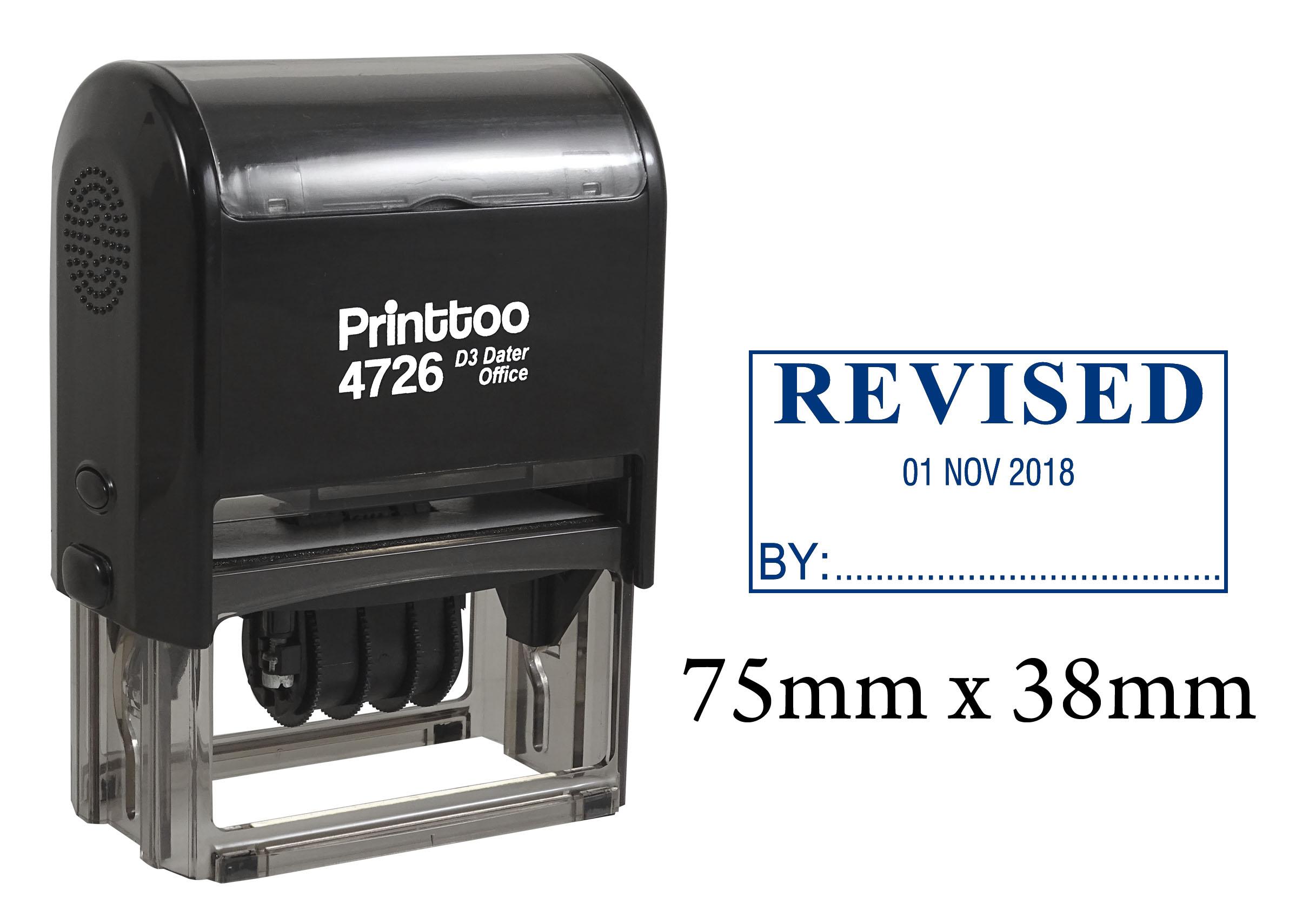 

Printtoo Office Dater Stamp With Revised By Text & Signature Space Self Inking Rubber 75 mm x 38 mm.(Approx) синій