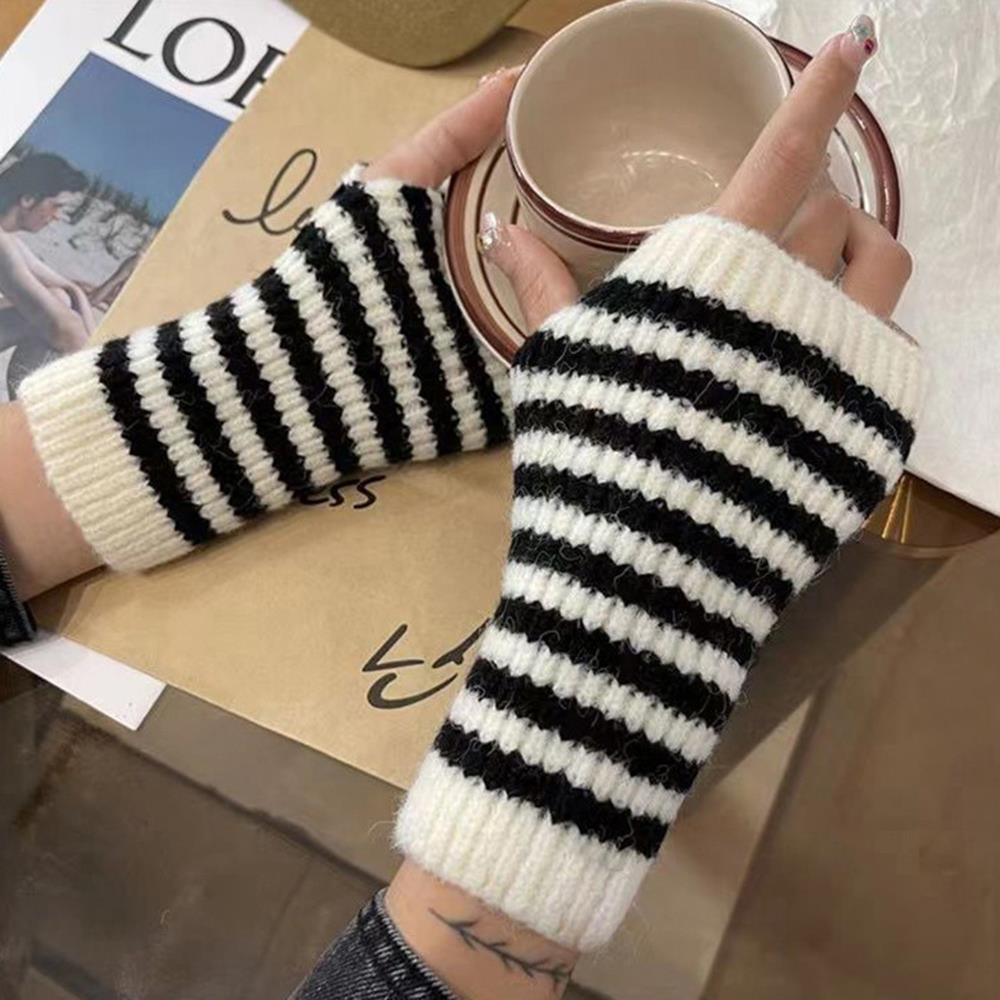 HOT Winter Half Finger Gloves Striped Fingerless Gloves Knitted Long Fingerless Gloves Arm Cover Elbow Mittens Winter Arm Warmer