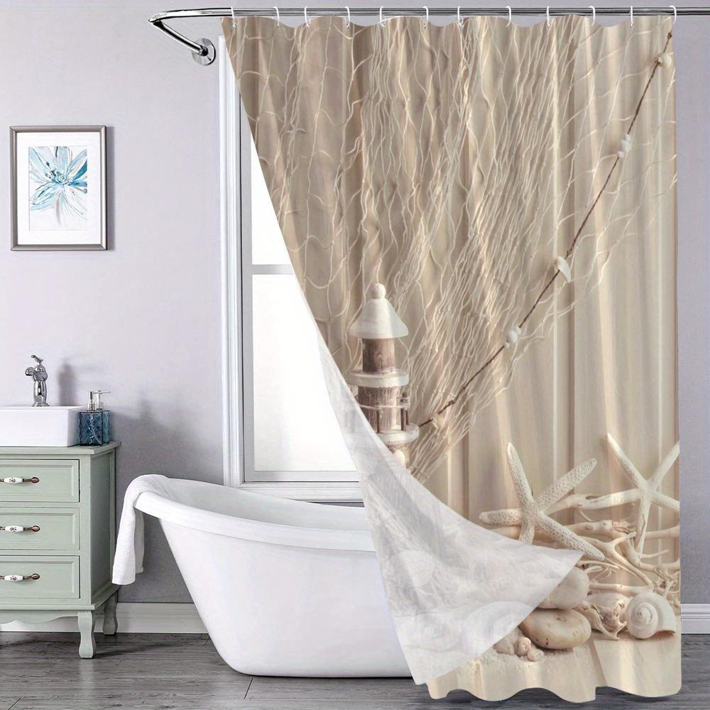 Dunika Chen Nautical Lighthouse Seashells Shower Curtain Coastal Beach Theme Fishing Nets Polyester Washable With Hooks Beach House Decor