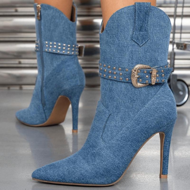 Fashion Blue Denim Pointed Toe Women's High-heeled Ankle Boots Fashion Metal Rivet Buckle Designer Shoes Sexy Side-zip Botas Para Mujer