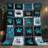 1Pc  Teal Paw Print Quilted Throw Blanket, Patchwork Dog Cat Paw Fleece Blanket For Pet Lovers Home Decor