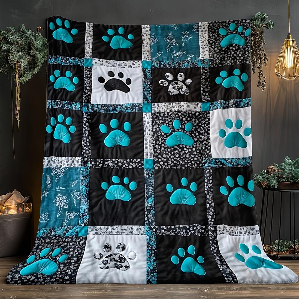 1Pc  Teal Paw Print Quilted Throw Blanket, Patchwork Dog Cat Paw Fleece Blanket For Pet Lovers Home Decor