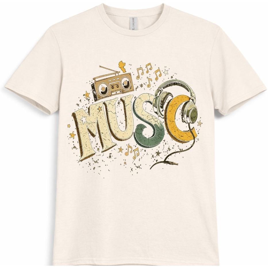 Music T Shirt Boombox Headphones Retro DJ Sound Graphic Vintage Tee