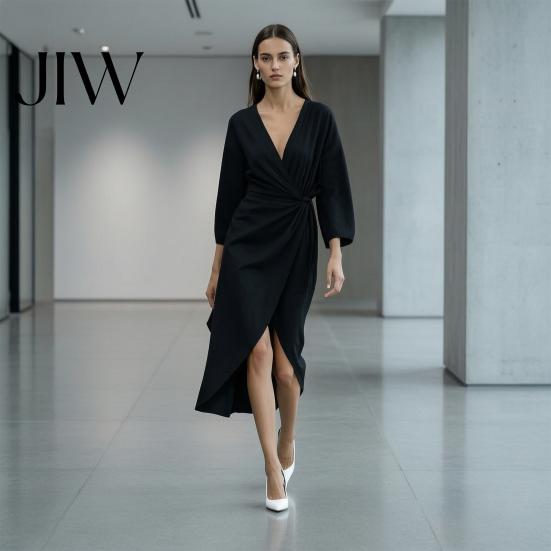 Deep V-Neck Dress Summer Women Dress, Ruffle Slim Waist Midi Long Casual Dresses Sleeves Solid Color Wrap for Daily Wear Party