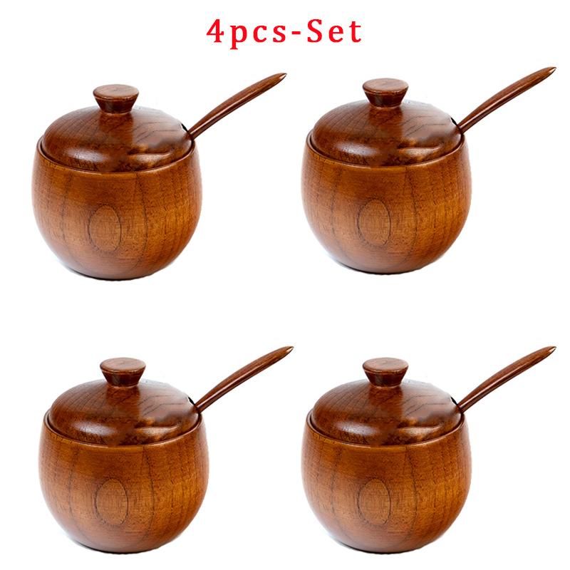 Wooden Salt Cellar Sugar Bowl Pepper Box Salt Seasoning Container Storage Box with Lid and Spoon Wooden Spice Box spice jars