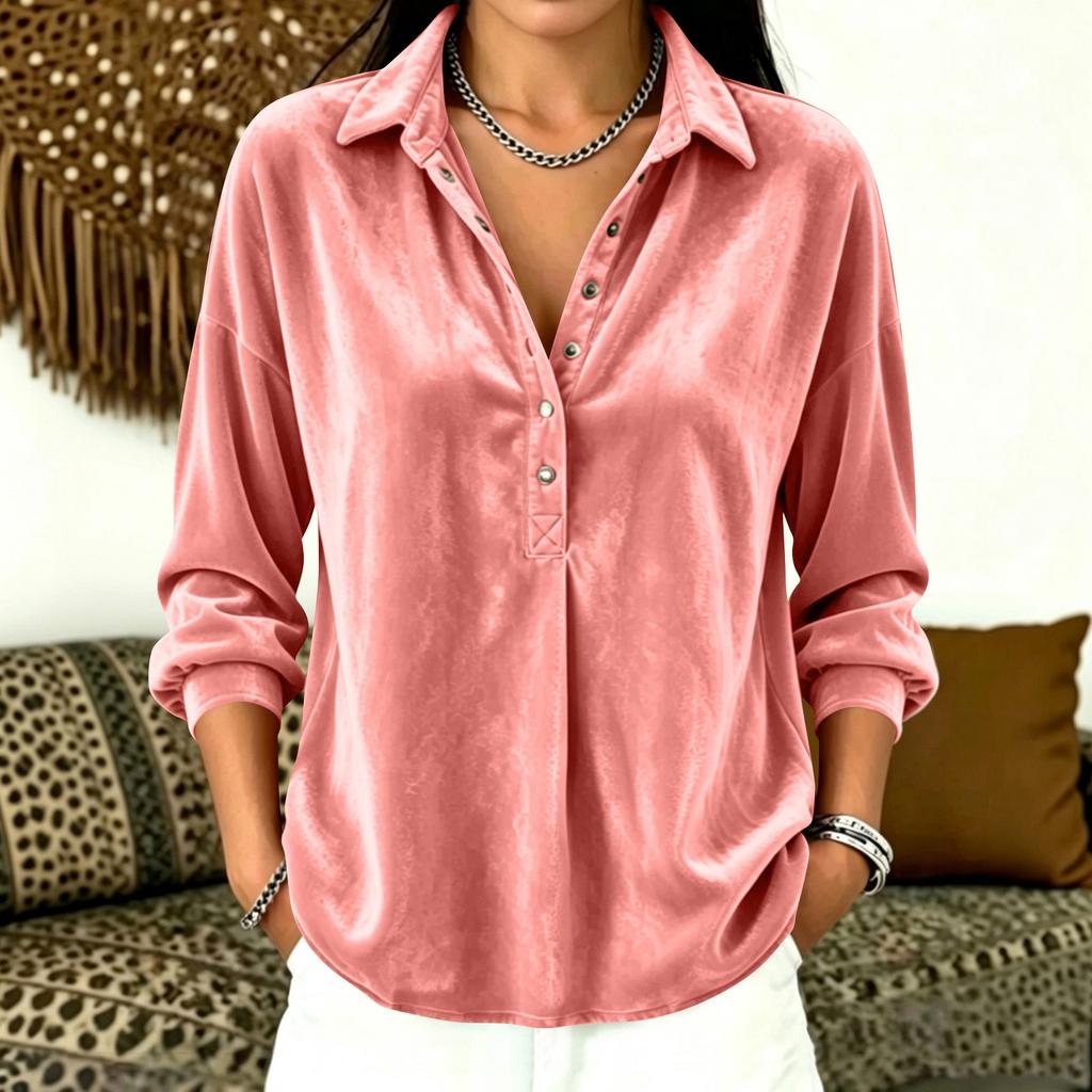Women's Color Long Sleeve Button Down Shirt with Turn-Down Collar Casual Loose Fit Top